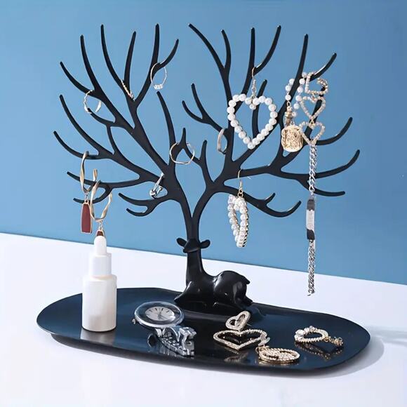Deer Tree Jewelry Organizer Stand – Black Earring & Ring Holder with Tray - Picture 4 of 5